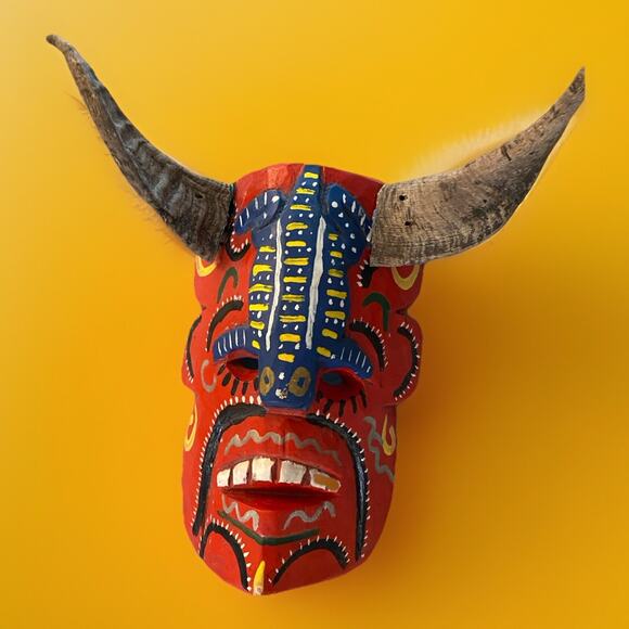 Mexican Folk Art Carved Wood Diablo Lizard Head Face Mask Guerrero 15"W x 14"L - Picture 2 of 4